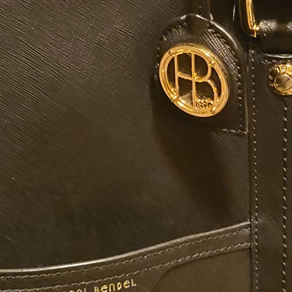 henri bendel Black Saffiano Leather Laptop Tote with Gold Hardware